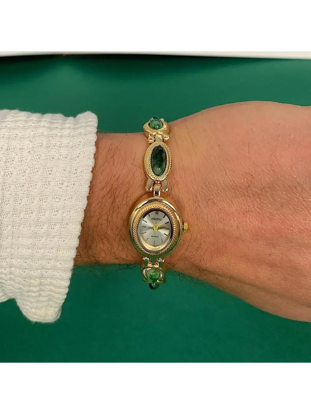 Y2K Gold Green Dainty Quartz Opal Jade Watch 8 Inch Unisex